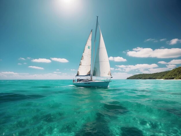 A sailboat drifting in clear emerald waters