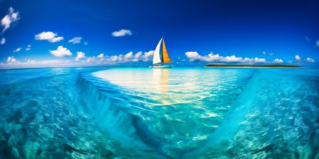 A sailboat drifts near a secluded pristine beach in a luxurious sunkissed tropical paradise