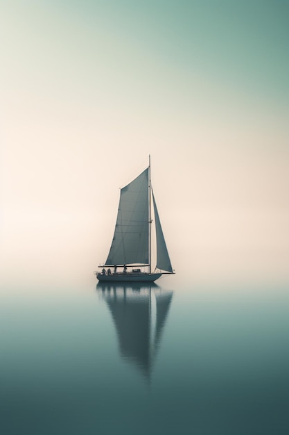 A sailboat on a foggy lake with a boat in the foreground.