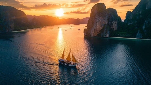 Photo a sailboat glides through the bay during sunset in thailand