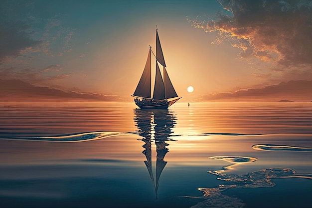 生成aiで作った夕日を背景に穏やかな青い海を滑る帆船