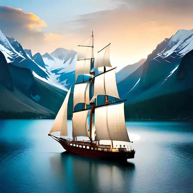 A sailboat is floating in the water with mountains in the background.