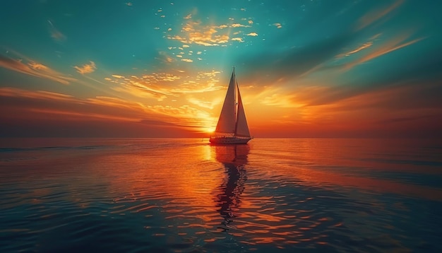 Foto una barca a vela sta navigando su un oceano calmo al tramonto