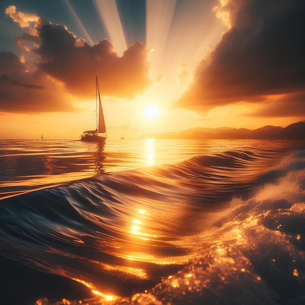 a sailboat is sailing in the ocean at sunset