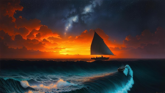 夕暮れ時の海を帆船が航行しています。
