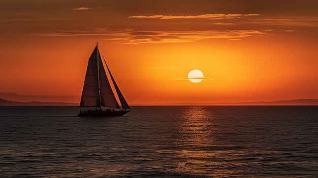 夕暮れ時の海を帆船が航行しています。