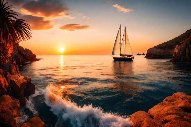 Foto una barca a vela sta navigando nell'oceano al tramonto.