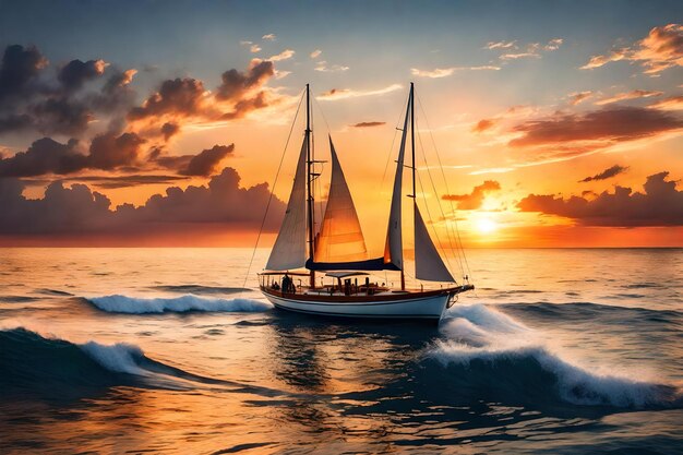 A sailboat is sailing in the ocean at sunset.