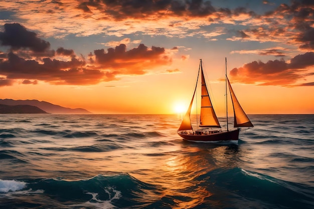 A sailboat is sailing in the ocean at sunset.