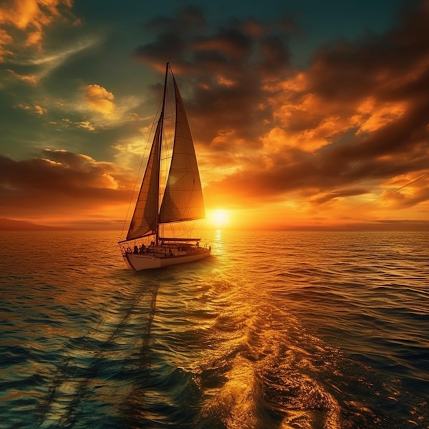 A sailboat is sailing in the ocean with the sun setting behind it.