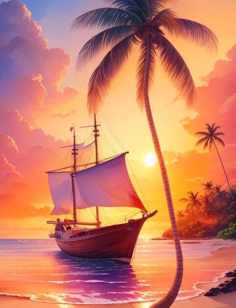 A sailboat is sailing on the ocean with a sunset in the background.