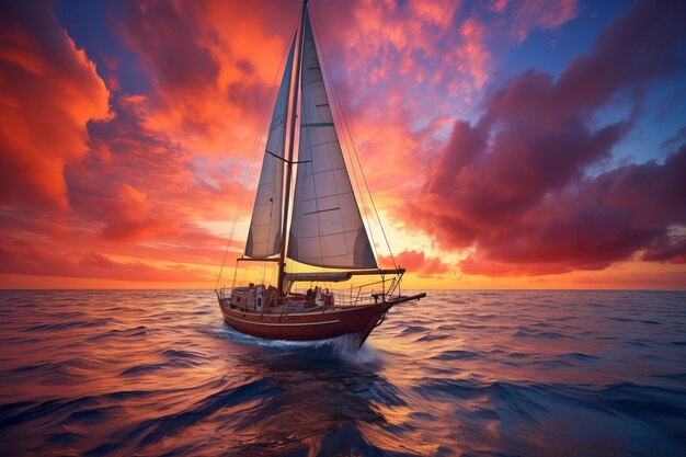 A sailboat is sailing on the sea at sunset