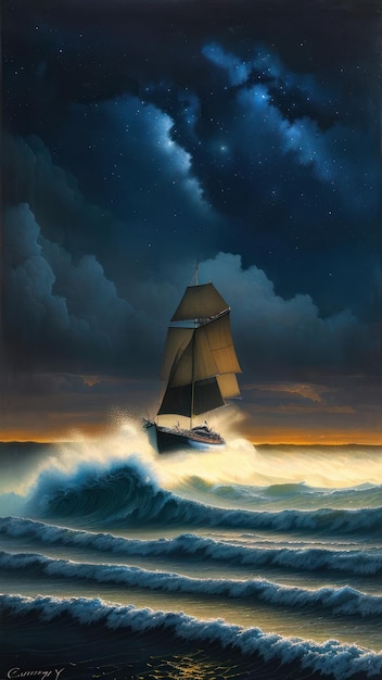 A sailboat is sailing in the storm.