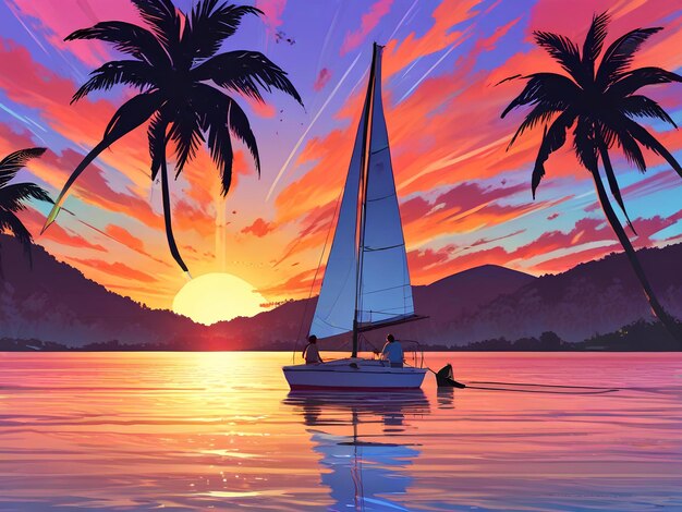 парусная лодка плывет на закате с пальмами