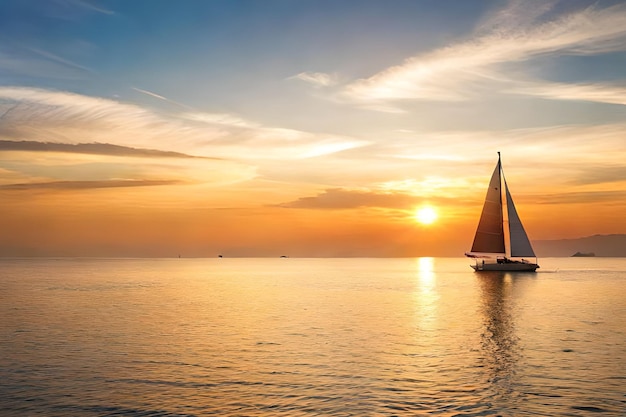 A sailboat is sailing in the sunset.