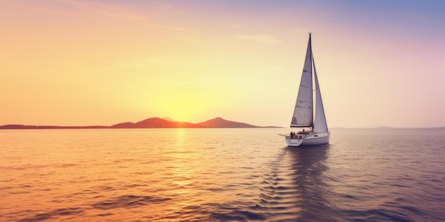 A sailboat is sailing in the water at sunset.