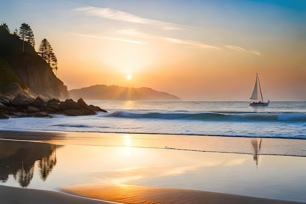 A sailboat is seen on the beach at sunset