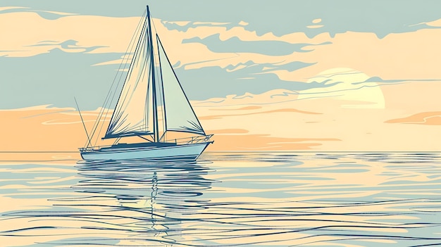 A sailboat is on the water at sunset The sky is a gradient of orange and yellow and the water is a deep blue