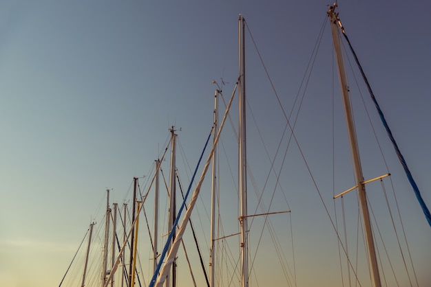 Sailboat masts in marina at dusk