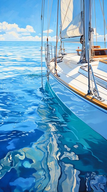 Sailboat on the ocean with a blue sky and reflexes in the silky