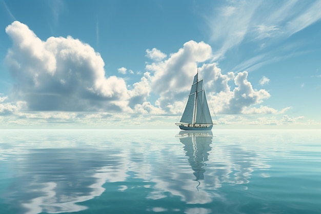 A sailboat in the ocean with clouds in the background