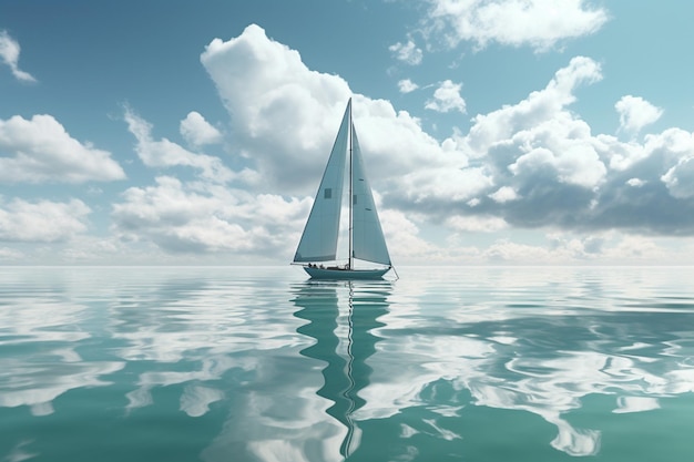 A sailboat in the ocean with clouds and a cloudy sky in the background.