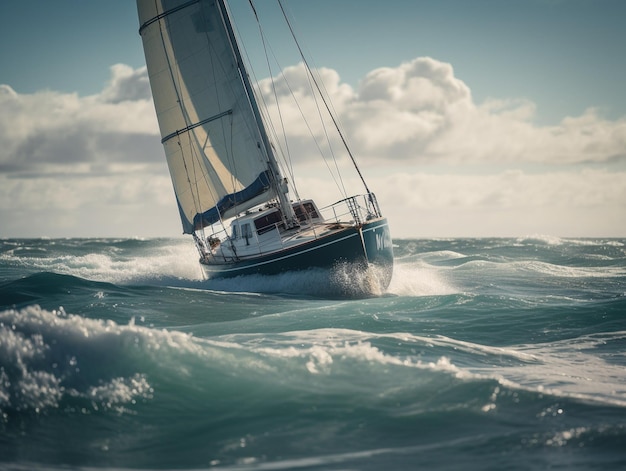 A sailboat in the ocean with a cloudy sky