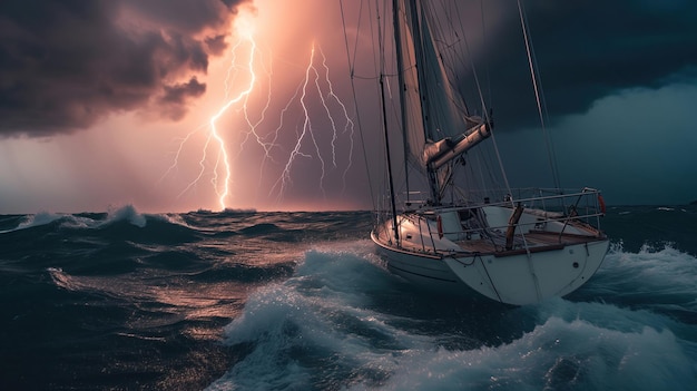 Парусная лодка в океане с молнией