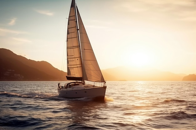 A sailboat in the ocean with the sun setting behind it.