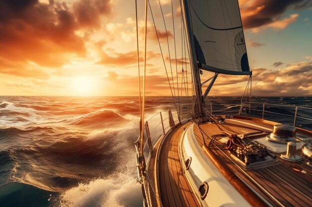 Photo a sailboat in the ocean with a sunset background