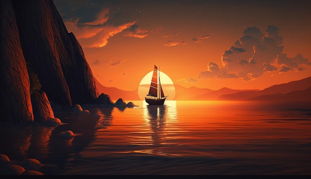 Photo a sailboat in the ocean with a sunset in the background