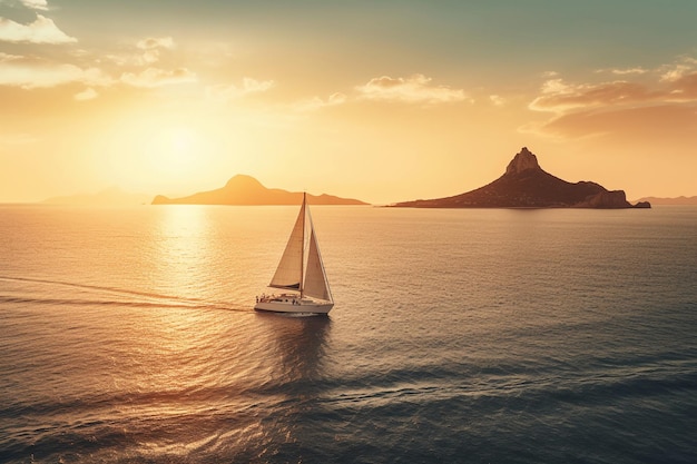 A sailboat in the ocean with a sunset in the background