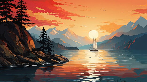 Photo sailboat painting on a lake at sunset