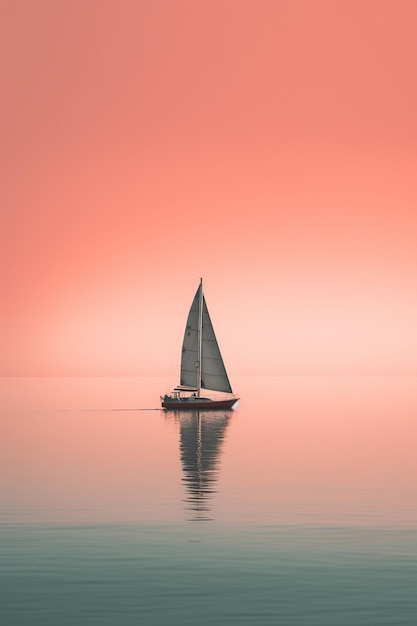 ピンクの空に「帆」という文字が描かれたヨット