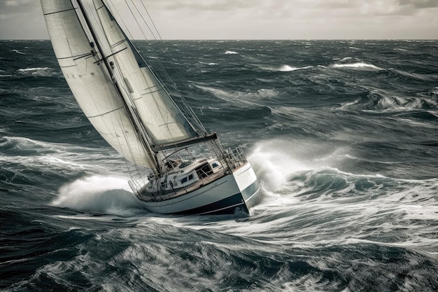 Sailboat Racing Across Choppy Sea With Wind Whipping Through The Sails Generative AI