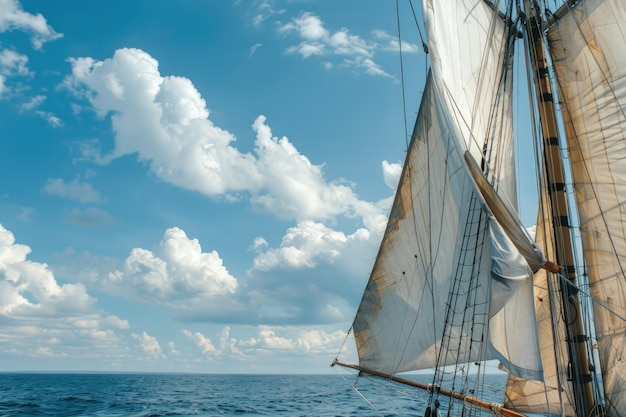 Foto una barca a vela che naviga sull'oceano sotto un cielo blu nuvoloso