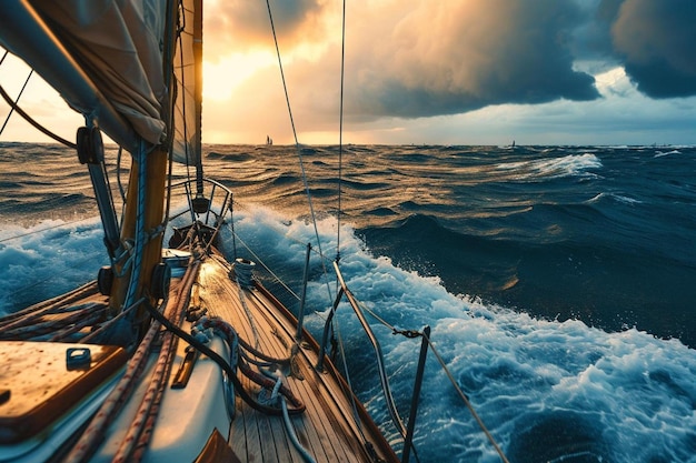 a sailboat sailing in the ocean at sunset