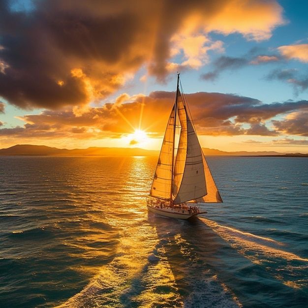 A sailboat sailing in the ocean with the sun setting behind it.