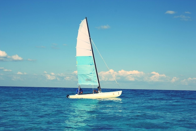 青い空を背景に海を航海する帆船