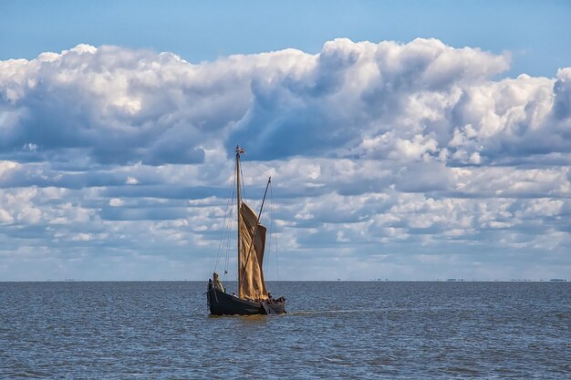 Sailboat sailing on sea against sky