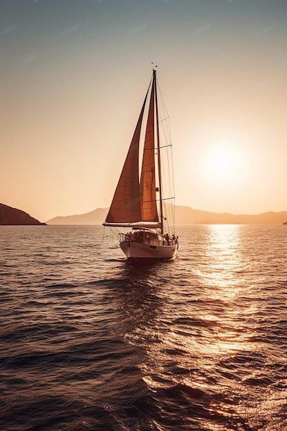 A sailboat sailing in the sea with the sun setting behind it.