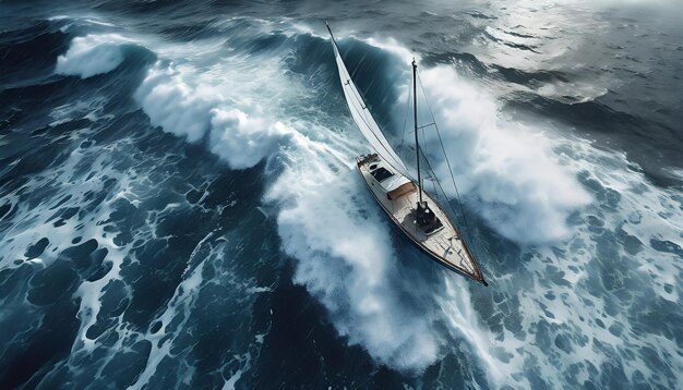 Sailboat sailing through turbulent waters in dangerous sea
