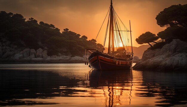 Foto barche a vela navigano su mari tranquilli che riflettono la bellezza dorata del tramonto generata dall'intelligenza artificiale