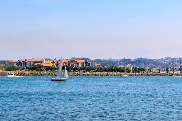 Sailboat on sea against clear sky during sunny day