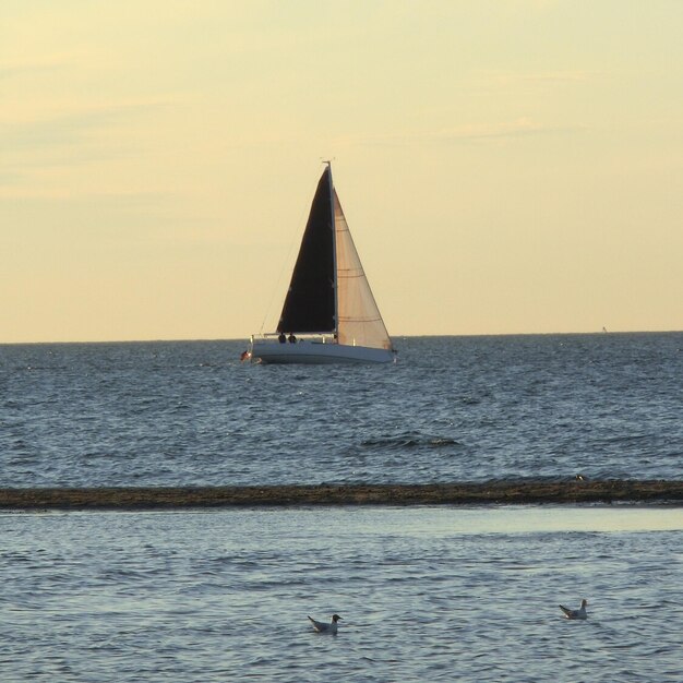 Foto barca a vela sul mare contro il cielo durante il tramonto