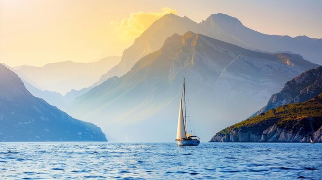 Парусная лодка в море вечером солнечный свет над красивыми большими горами фон роскошное летнее приключение