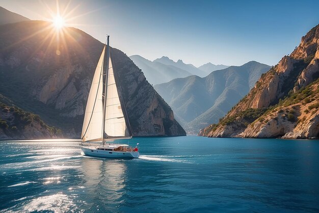 美しい大きな山の背景の上に夕方の太陽の光で海で帆船