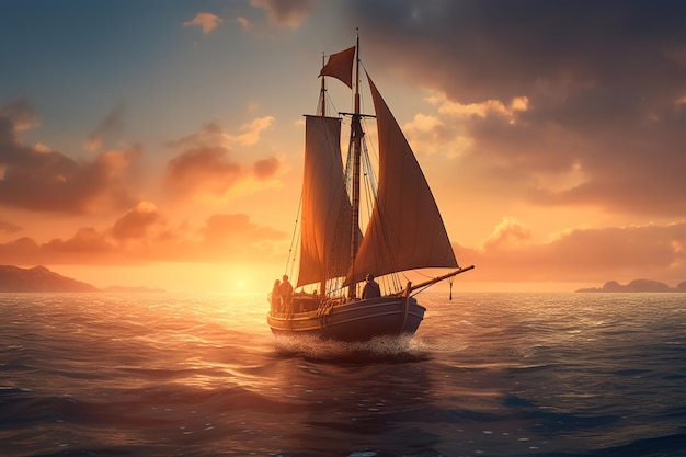 a sailboat setting sail toward the setting sun on the ocean