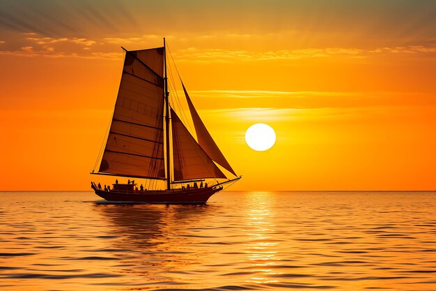Sailboat silhouette on the horizon during a vibrant sunset