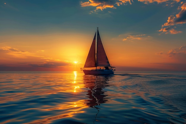 Sailboat silhouette in sea at sunset